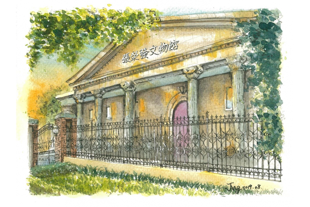 2.受助學生以鋼筆水彩所畫基金會文物館,感謝基金會長期提供扶助,讓她可以安心學業。